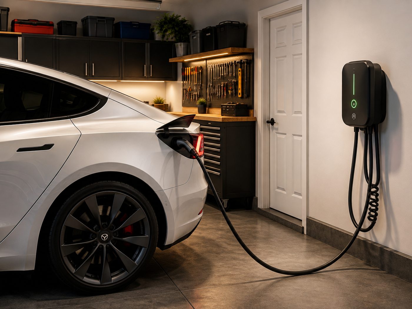 Level 2 EV charger mounted in a home garage with a car plugged in