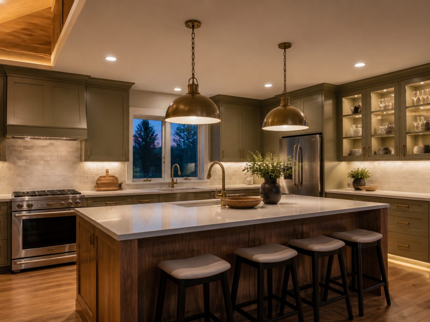 Remodeled kitchen with pendant lights, recessed cans, cove lighting and under-cabinet lighting
